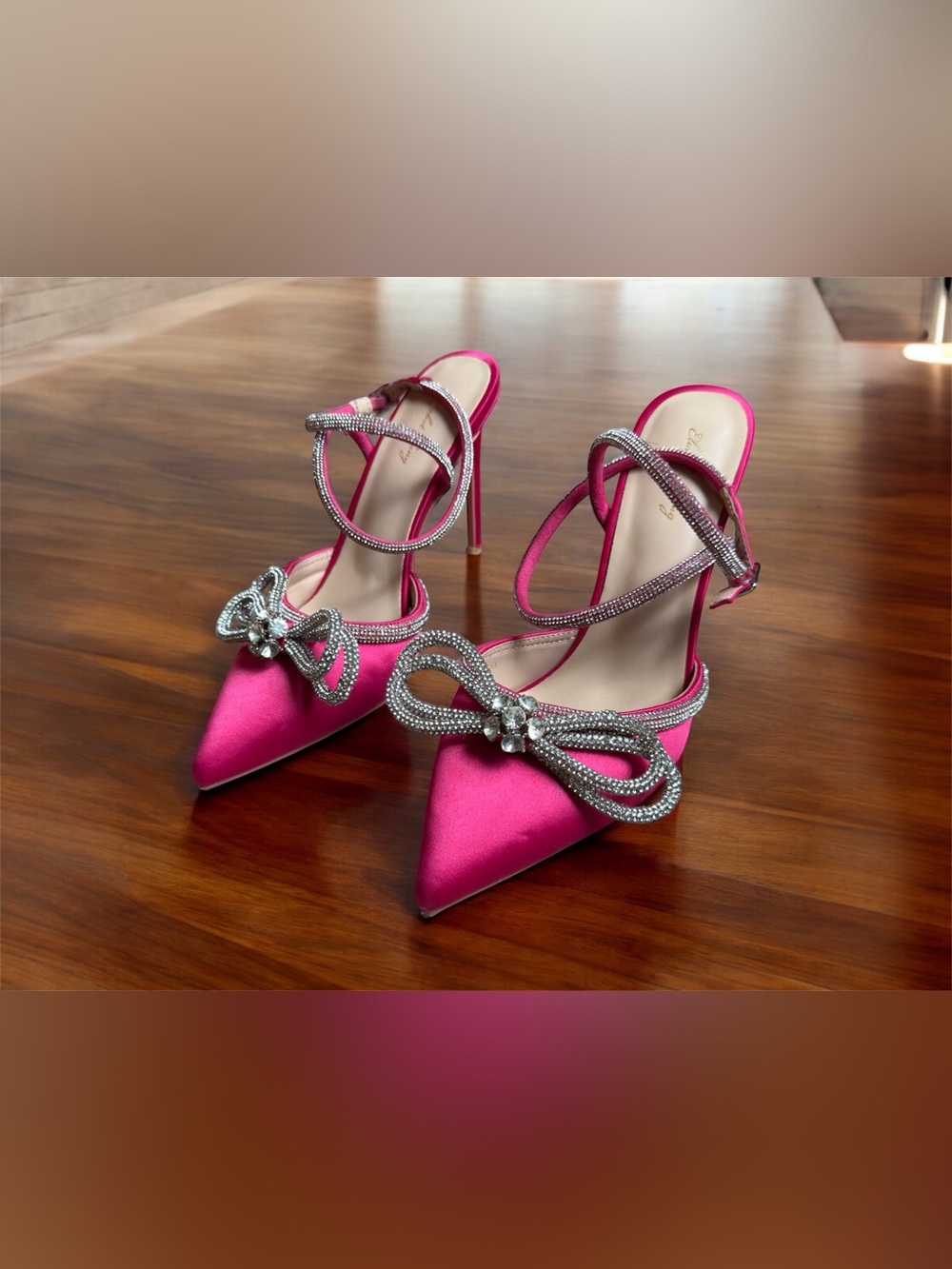 Hot Pink Rhinestone Bow Stiletto Heels Size 9 Pointed Toe Ankle Strap Pumps